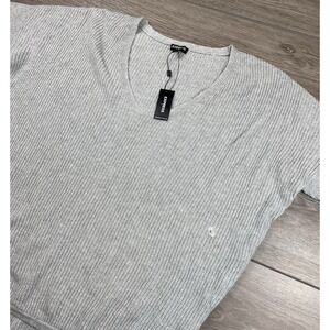 Express Women's Short Sleeve Ribbed V Neck Oversized Sweater Grey Size Large New